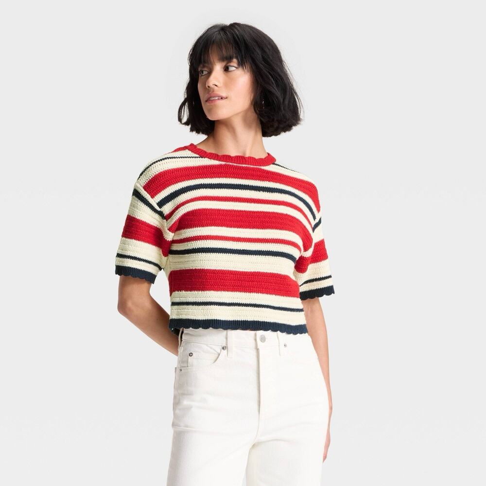 Universal Thread Women's Crotchet Knit Crop Top Red White Blue Size Small